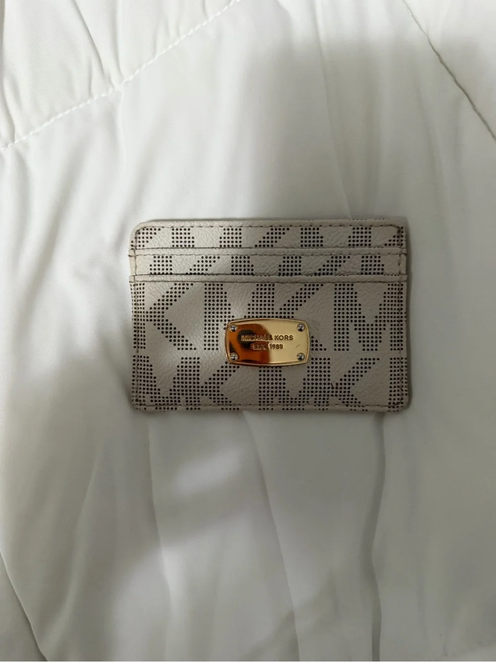 Michael Kors Beige Taupe Logo Card Case with Gold Plaque